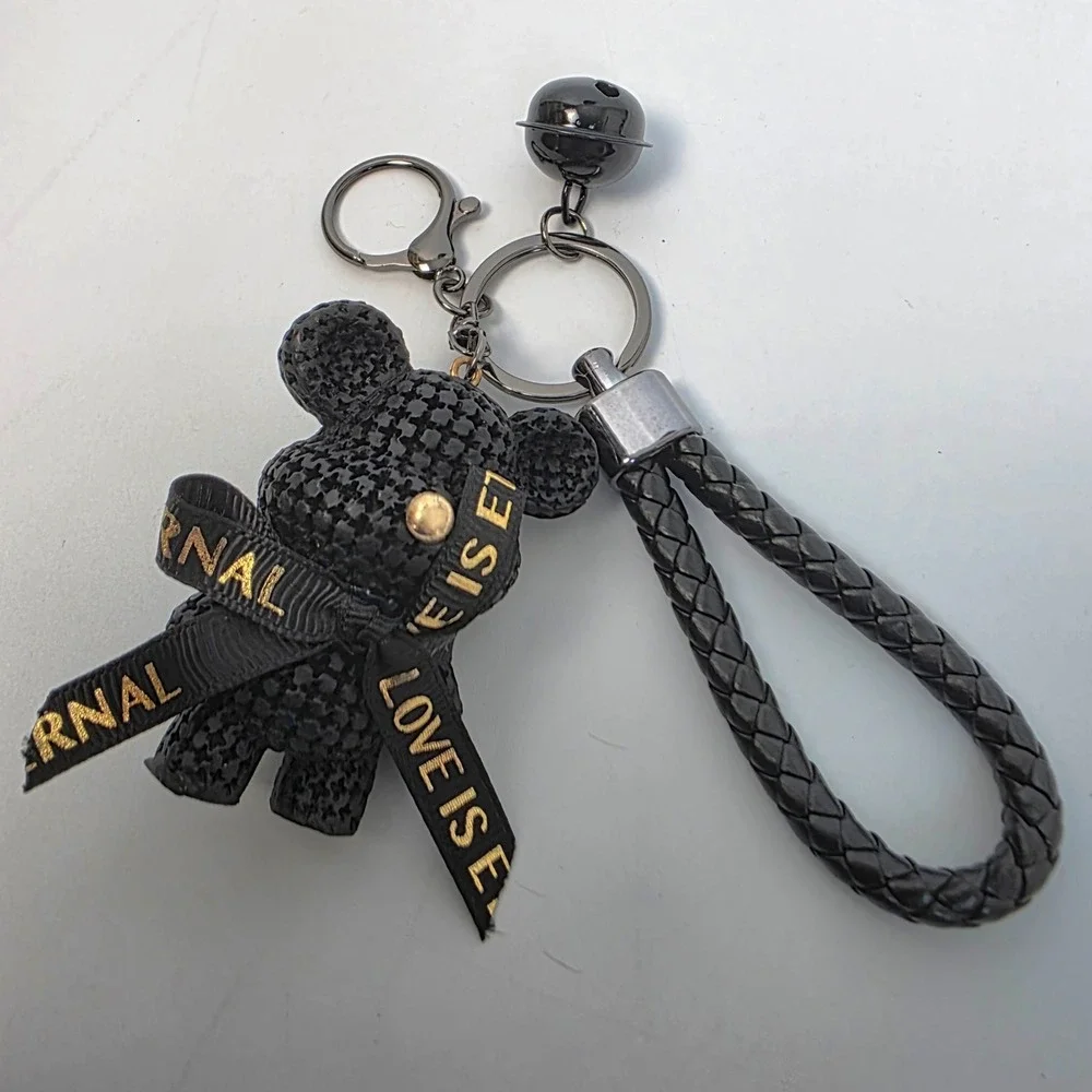 Black Teddy Bear Keychain Braided Leather Strap Bag Charm Love Is Eternal Bow